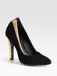 Supported by an embossed metallic leather heel, this stunning suede silhouette has a low-cut front and embossed metallic leather trim. Embossed metallic leather heel, 4 (100mm)Suede and embossed metallic leather upperLeather lining and solePadded insoleImportedOUR FIT MODEL RECOMMENDS ordering true size. Supported by an embossed metallic leather heel, this stunning suede silhouette has a low-cut front and embossed metallic leather trim. Embossed metallic leather heel, 4 (100mm)Suede and embossed metallic leather upperLeather lining and solePadded insoleImportedOUR FIT MODEL RECOMMENDS ordering true size.