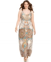Get into a boho groove with One World's sleeveless plus size maxi dress, rocking a sublimated-print. Get into a boho groove with One World's sleeveless plus size maxi dress, rocking a sublimated-print.