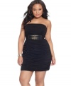 Sport a sassy look with Ruby Rox's strapless plus size dress, finished by a belted waist and shirring.