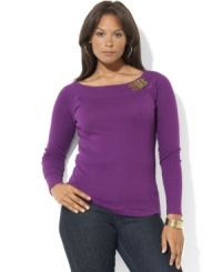 Lauren Ralph Lauren's figure flattering boat-neck plus size top rendered in soft cotton is accented with a double buckle at the shoulder for a hint of rustic edge Lauren Ralph Lauren's figure flattering boat-neck plus size top rendered in soft cotton is accented with a double buckle at the shoulder for a hint of rustic edge