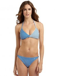 THE LOOKZigzag stripes patternAdjustable halter straps tie at neckTwisted detailing at center frontPadded cupsBack tie closureTHE MATERIAL80% nylon/20% spandexFully linedCARE & ORIGINHand washImportedPlease note: Bikini bottom sold separately. THE LOOKZigzag stripes patternAdjustable halter straps tie at neckTwisted detailing at center frontPadded cupsBack tie closureTHE MATERIAL80% nylon/20% spandexFully linedCARE & ORIGINHand washImportedPlease note: Bikini bottom sold separately.