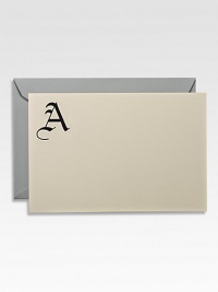 If you prefer your color to come through in your writing, this set of 10 flat ivory cards, personalized with the letter of your first or last name in bold black ink, would be such a stately addition to your stationery collection.Set of 10 cards and envelopesApprox. 4¼ X 6 Made in USA If you prefer your color to come through in your writing, this set of 10 flat ivory cards, personalized with the letter of your first or last name in bold black ink, would be such a stately addition to your stationery collection.Set of 10 cards and envelopesApprox. 4¼ X 6 Made in USA