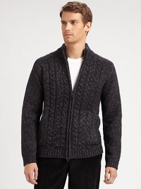 A chunky zippered cardigan featuring bold cable-knit details and a cool mockneck collar.Mockneck collarZip frontLong sleevesFront slash pocketsRibbed details at collar, cuffs, pockets and hem70% acrylic/18% cotton/12% polyesterDry cleanImported A chunky zippered cardigan featuring bold cable-knit details and a cool mockneck collar.Mockneck collarZip frontLong sleevesFront slash pocketsRibbed details at collar, cuffs, pockets and hem70% acrylic/18% cotton/12% polyesterDry cleanImported