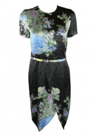 Preen Womens Black Multi Akiko Floral Silk Belted Slit Dress S Preen Womens Black Multi Akiko Floral Silk Belted Slit Dress S
