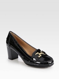 Glassy patent leather in a traditional moccasin design with a logoed buckle and chunky stacked heel. Stacked heel, 2 (50mm)Patent leather upperRubber solePadded insoleMade in Italy Glassy patent leather in a traditional moccasin design with a logoed buckle and chunky stacked heel. Stacked heel, 2 (50mm)Patent leather upperRubber solePadded insoleMade in Italy
