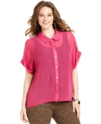 A sheer winner: Eyeshadow's short sleeve plus size blouse, finished by a high-low hem. (Clearance) A sheer winner: Eyeshadow's short sleeve plus size blouse, finished by a high-low hem. (Clearance)