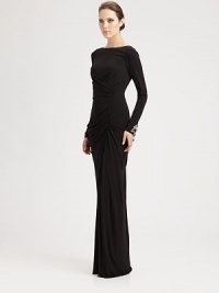 Soft, asymmetrical draping and sparkling rhinestones at the wrists define the elegance of this fluid jersey knit.Long sleeves with rhinestone detail at wristDraping, front and backDeep front slitConcealed back zipperAbout 64 from shoulder to hemViscoseSpot cleanImportedModel shown is 5'10 (177cm) wearing US size 4. Soft, asymmetrical draping and sparkling rhinestones at the wrists define the elegance of this fluid jersey knit.Long sleeves with rhinestone detail at wristDraping, front and backDeep front slitConcealed back zipperAbout 64 from shoulder to hemViscoseSpot cleanImportedModel shown is 5'10 (177cm) wearing US size 4.