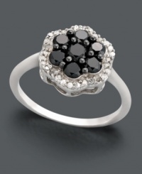 Embrace the cocktail ring trend with this chic cluster. Crafted in sterling silver, ring features seven round-cut black diamonds (7/8 ct. t.w.) surrounded by a halo of round-cut white diamonds (1/6 ct. t.w.). Size 7.