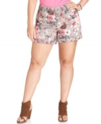 Look pretty in petals with Hot Kiss' plus size shorts, featuring a blooming floral-print! (Clearance) Look pretty in petals with Hot Kiss' plus size shorts, featuring a blooming floral-print! (Clearance)