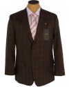 Tasso Elba Mens 2 Button Brown Windowpane Silk Wool Sport Coat Jacket