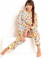 Colorful and fun. Paul Frank's Circle Print top and pajama pants set features a Julius logo in multiple colored circles all over the top and bottom. Colorful and fun. Paul Frank's Circle Print top and pajama pants set features a Julius logo in multiple colored circles all over the top and bottom.
