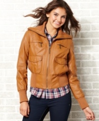 From the buttery faux-leather to the wide funnel collar, this jacket from Jou Jou creates cool style for cool days! From the buttery faux-leather to the wide funnel collar, this jacket from Jou Jou creates cool style for cool days!