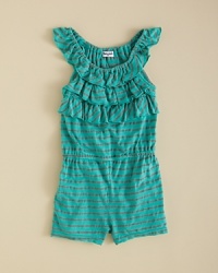 This adorable striped romper from Splendid Littles is trimmed in ruffles for an extra-girly look. This adorable striped romper from Splendid Littles is trimmed in ruffles for an extra-girly look.