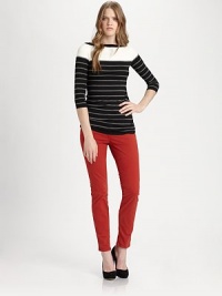 Lengthy, fitted boatneck of supple jersey has contrasting stripes and three-quarter sleeves. BoatneckThree-quarter sleevesLonger length hits below the hips94% rayon/6% spandexDry cleanMade in USAModel shown is 5'10 (177cm) wearing US size Small. Lengthy, fitted boatneck of supple jersey has contrasting stripes and three-quarter sleeves. BoatneckThree-quarter sleevesLonger length hits below the hips94% rayon/6% spandexDry cleanMade in USAModel shown is 5'10 (177cm) wearing US size Small.