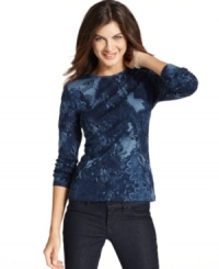Jones New York Signature puts a feminine spin on the tee with a gorgeous lace-inspired print. Wear it with jeans to make casual days a little prettier. Jones New York Signature puts a feminine spin on the tee with a gorgeous lace-inspired print. Wear it with jeans to make casual days a little prettier.