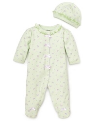 A delicate lilac print brings classic charm to this comfy footie and cap set from Little Me. A delicate lilac print brings classic charm to this comfy footie and cap set from Little Me.