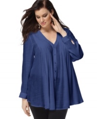 Indulge in the airy comfort of Elementz' long sleeve plus size top, accented by a pleated front. Indulge in the airy comfort of Elementz' long sleeve plus size top, accented by a pleated front.