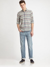 Comfortable, classic straight-leg style, tailored from the waist to hip, and set in a rigid, lightweight denim with whiskering and hand-sanding for an overall sophisticated feel.Five-pocket styleButton flyInseam, about 34CottonMachine washMade in USA Comfortable, classic straight-leg style, tailored from the waist to hip, and set in a rigid, lightweight denim with whiskering and hand-sanding for an overall sophisticated feel.Five-pocket styleButton flyInseam, about 34CottonMachine washMade in USA