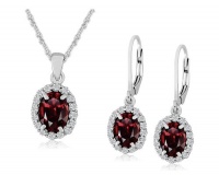 Sterling Silver Garnet Lever Back Earrings and Pendant Necklace Set, 18 Sterling Silver Garnet Lever Back Earrings and Pendant Necklace Set, 18