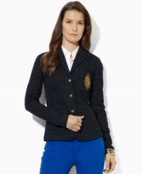 A wardrobe essential, Lauren Ralph Lauren's chic three-button petite blazer is crafted in stretch denim and finished with a signature crest at the chest. A wardrobe essential, Lauren Ralph Lauren's chic three-button petite blazer is crafted in stretch denim and finished with a signature crest at the chest.