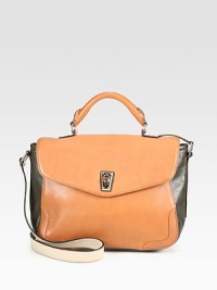 A roomy, colorblock design in supple leather.Top handles, 3½ dropAdjustable shoulder strap, 18-21½ dropTurn-lock flap closureOne open pocket under flapOne inside zip pocketTwo inside open pocketsFully lined11½W X 9H X 4DImported A roomy, colorblock design in supple leather.Top handles, 3½ dropAdjustable shoulder strap, 18-21½ dropTurn-lock flap closureOne open pocket under flapOne inside zip pocketTwo inside open pocketsFully lined11½W X 9H X 4DImported