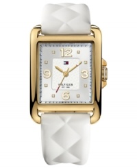 The quilted silicone strap of this Tommy Hilfiger watch adds a stylish touch to a sporty design. The quilted silicone strap of this Tommy Hilfiger watch adds a stylish touch to a sporty design.