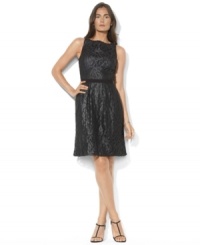Lauren Ralph Lauren's delicate lace dress is crafted with glistening metallic threads for a modern, feminine touch. Lauren Ralph Lauren's delicate lace dress is crafted with glistening metallic threads for a modern, feminine touch.