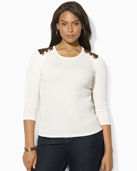 Cut in a relaxed, feminine silhouette, a supremely soft ribbed cotton top is finished with faux-suede patches and stitching at the shoulders for a chic, rustic vibe. Cut in a relaxed, feminine silhouette, a supremely soft ribbed cotton top is finished with faux-suede patches and stitching at the shoulders for a chic, rustic vibe.