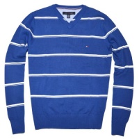Tommy Hilfiger Men Striped Logo V-Neck Sweater Pullover Tommy Hilfiger Men Striped Logo V-Neck Sweater Pullover