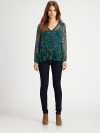 Printed silk chiffon in a modified peplum silhouette that pairs perfectly with your favorite skinny jeans. V-neckLong sleeves with elastic cuffsButton frontModified peplum hemSilk chiffonDry cleanImportedModel shown is 5'10 (177cm) wearing US size Small. Printed silk chiffon in a modified peplum silhouette that pairs perfectly with your favorite skinny jeans. V-neckLong sleeves with elastic cuffsButton frontModified peplum hemSilk chiffonDry cleanImportedModel shown is 5'10 (177cm) wearing US size Small.