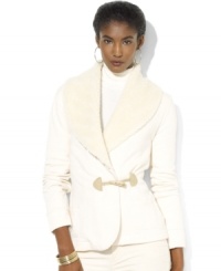 Rendered in soft fleece, Lauren Ralph Lauren's unique topper is crafted with faux- shearling at the neckline and an elegant toggle closure. Rendered in soft fleece, Lauren Ralph Lauren's unique topper is crafted with faux- shearling at the neckline and an elegant toggle closure.