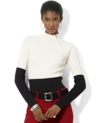 Lauren Ralph Lauren's soft ribbed cotton top is crafted with an angled zipper at the mockneck for sleek, modern style Lauren Ralph Lauren's soft ribbed cotton top is crafted with an angled zipper at the mockneck for sleek, modern style