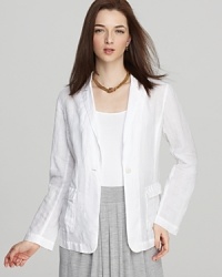 Boasting clean lines and classic tailoring, this Eileen Fisher linen jacket streamlines your summertime office looks. Boasting clean lines and classic tailoring, this Eileen Fisher linen jacket streamlines your summertime office looks.