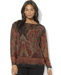 Lauren Ralph Lauren's vibrant paisley pattern accents an elegant silk blouse, featuring a scoop camisole to complete the look. Lauren Ralph Lauren's vibrant paisley pattern accents an elegant silk blouse, featuring a scoop camisole to complete the look.