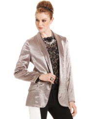 Go from day to night in Bar III Front Row's satin tuxedo-style jacket. It looks super-chic with the season's lace trend. Go from day to night in Bar III Front Row's satin tuxedo-style jacket. It looks super-chic with the season's lace trend.