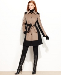 Cool colorblocking adds a fresh look to Calvin Klein's sleek wool-blend trench coat. Cool colorblocking adds a fresh look to Calvin Klein's sleek wool-blend trench coat.