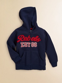 A Fifties look for the littlest rebel in your family, this cozy fleece hoodie will keep him warm on all his escapades.Attached hoodLong sleeves with ribbed cuffsFront appliquésZip closeSplit kangaroo pocketsRibbed bottom 80% cotton/20% polyesterMachine washImported A Fifties look for the littlest rebel in your family, this cozy fleece hoodie will keep him warm on all his escapades.Attached hoodLong sleeves with ribbed cuffsFront appliquésZip closeSplit kangaroo pocketsRibbed bottom 80% cotton/20% polyesterMachine washImported