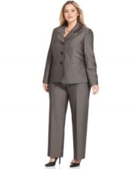A unique fabric with a touch of shine enhances this elegant plus size pantsuit from Le Suit. Add a satin blouse or a colorful shell to complete the look. A unique fabric with a touch of shine enhances this elegant plus size pantsuit from Le Suit. Add a satin blouse or a colorful shell to complete the look.