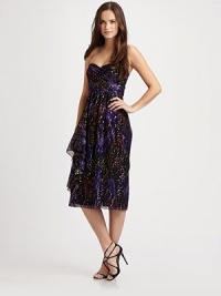 This airy, tea-length silk silhouette is printed with rich, deep hues and shot through with shimmering gold spots.Strapless sweetheart necklineRuched bodiceRuffled front drapeConcealed back zipSilk liningAbout 30 from natural waist85% silk/15% lurexDry cleanImportedModel shown is 5'9½ (176cm) wearing US size 4.OUR FIT MODEL RECOMMENDS ordering true size. This airy, tea-length silk silhouette is printed with rich, deep hues and shot through with shimmering gold spots.Strapless sweetheart necklineRuched bodiceRuffled front drapeConcealed back zipSilk liningAbout 30 from natural waist85% silk/15% lurexDry cleanImportedModel shown is 5'9½ (176cm) wearing US size 4.OUR FIT MODEL RECOMMENDS ordering true size.