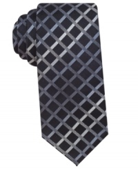 A modern print gives this silk tie by Alfani a sleek style. A modern print gives this silk tie by Alfani a sleek style.