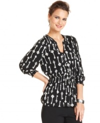 Add a pop of print to your fall wardrobe with this key emblazoned Alfani top -- pair it with all your fave pants! Add a pop of print to your fall wardrobe with this key emblazoned Alfani top -- pair it with all your fave pants!