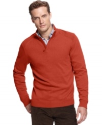 It all comes down to the details. Ribbed accents and faux-suede trim on this Tasso Elba sweater make a subtle style statement. It all comes down to the details. Ribbed accents and faux-suede trim on this Tasso Elba sweater make a subtle style statement.