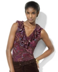 Lauren Ralph Lauren's ribbed cotton top exudes timeless beauty with elegant ruffles along the neckline. Lauren Ralph Lauren's ribbed cotton top exudes timeless beauty with elegant ruffles along the neckline.
