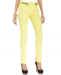 Exposed zipper pockets with ribbon-like trim give Alfani's skinny pants a bold boost. Exposed zipper pockets with ribbon-like trim give Alfani's skinny pants a bold boost.