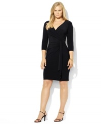 The perfect mix of comfort and style, Lauren Ralph Lauren's feminine plus size dress is crafted from stretch matte jersey with a flirty surplice neckline and cascading ruffle at the front. The perfect mix of comfort and style, Lauren Ralph Lauren's feminine plus size dress is crafted from stretch matte jersey with a flirty surplice neckline and cascading ruffle at the front.