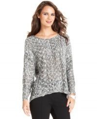Alfani makes this sweater fashion-forward with a striking marled knit and a modern high-low hem. Alfani makes this sweater fashion-forward with a striking marled knit and a modern high-low hem.