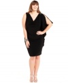 A little black dress with some unexpected twists--Jessica Howard's new plus size number features an asymmetrical silhouette with a single cascading flutter sleeve and jeweled shoulder.