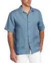 Cubavera Men's Short Sleeve Linen Blend L-Shaped Embroidered Woven