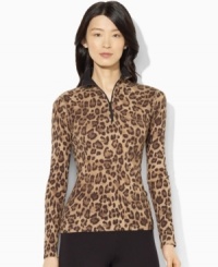 A bold leopard pattern adds a bit of edge to Lauren Ralph Lauren's soft waffle-knit cotton top. A bold leopard pattern adds a bit of edge to Lauren Ralph Lauren's soft waffle-knit cotton top.