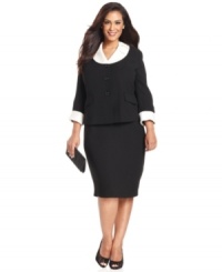 Classic and truly elegant, Le Suit's plus size skirt suit uses contrasting black and white to make a stylish statement for your special event or occasion. Classic and truly elegant, Le Suit's plus size skirt suit uses contrasting black and white to make a stylish statement for your special event or occasion.